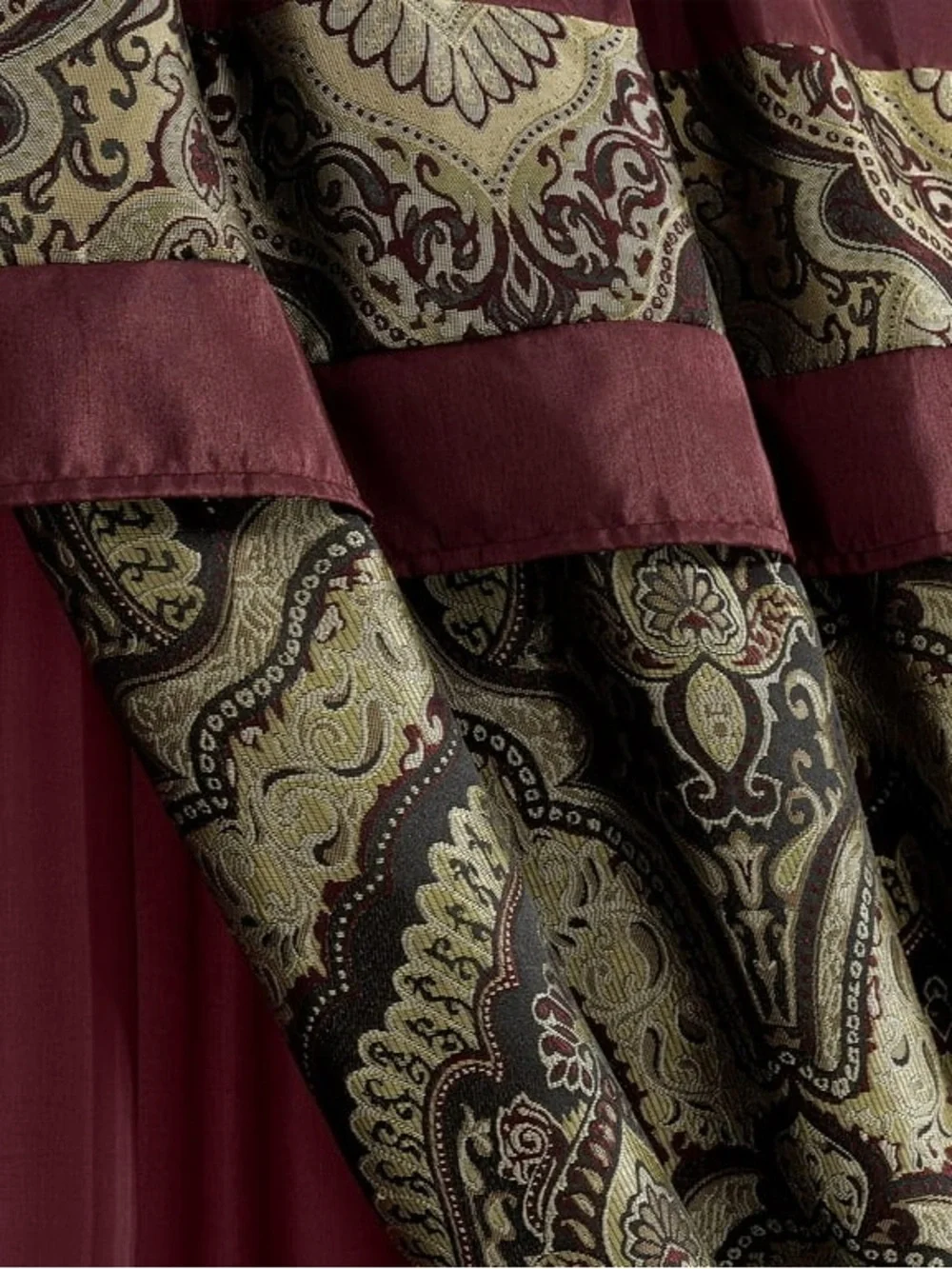 Burgundy and Gold Damask Window Curtain Panel Set